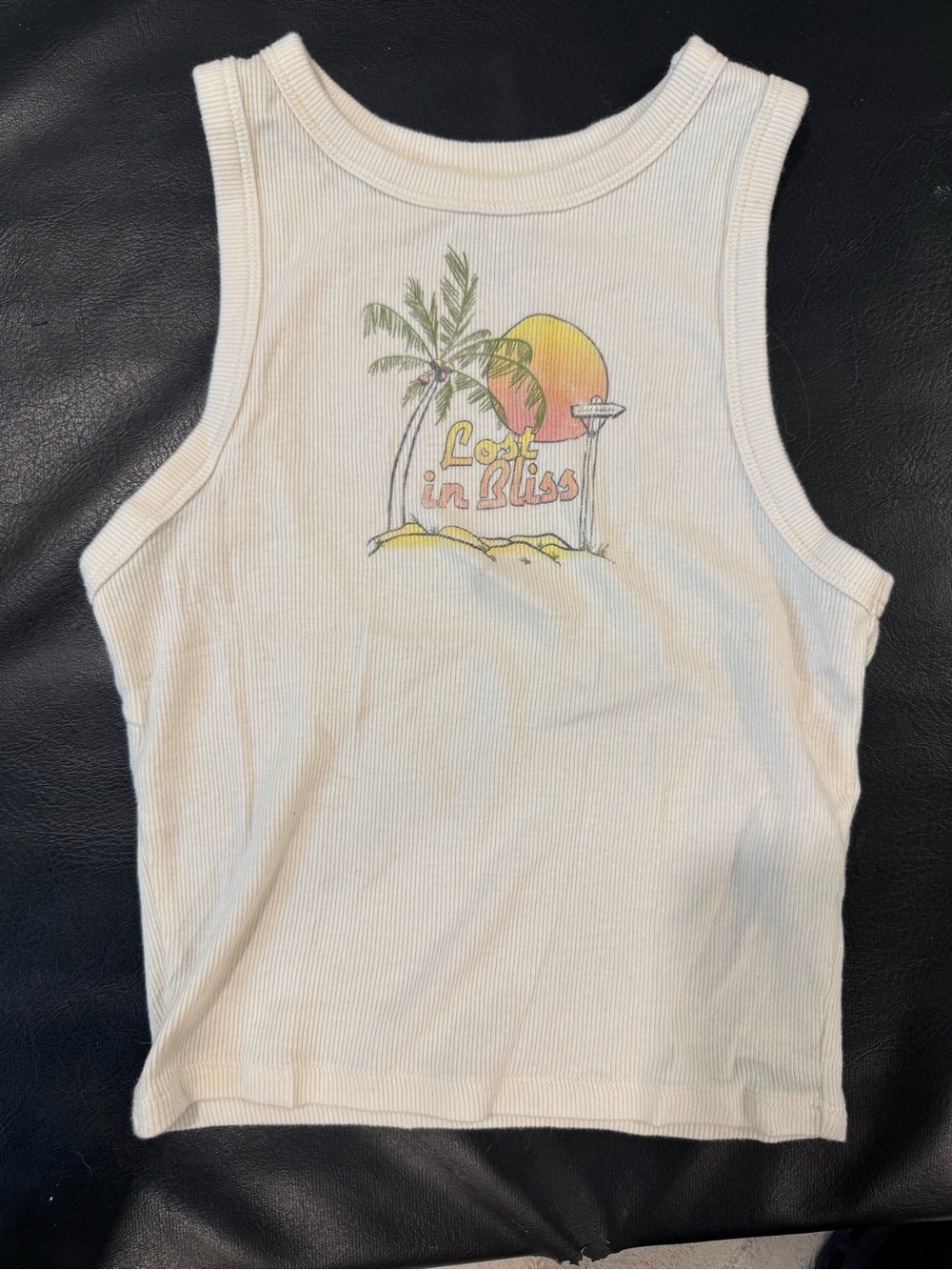 Hollister Cream Ribbed Tank with Sunset Palm Graphic